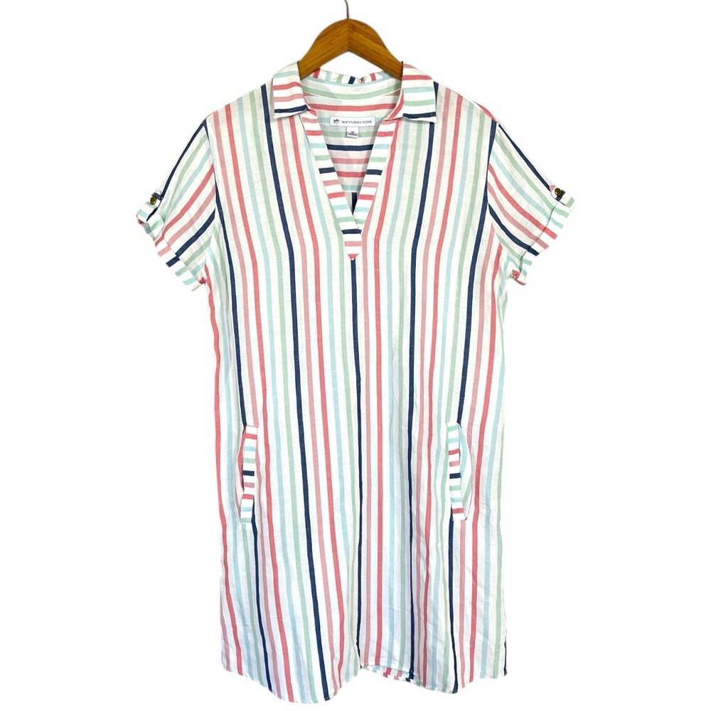 Southern Tide Linen-Blend Striped Mini Dress in White, Blue & Pink - Picture 4 of 9